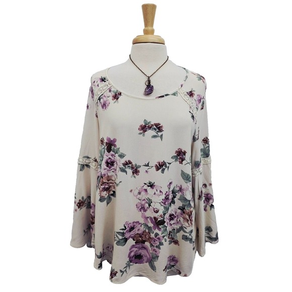 Jennie & Marlis Tops - Jennie & Marlis Floral Bell Sleeve Blouse Ivory‎ Purple Lace Trim 1X Boho Fairy